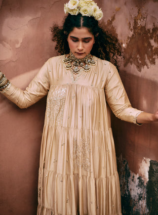 Beige Tiered Anarkali by Paulmi & Harsh available on Indiaspopup.com