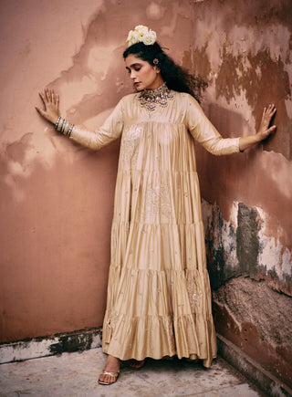 Beige Tiered Anarkali by Paulmi & Harsh available on Indiaspopup.com