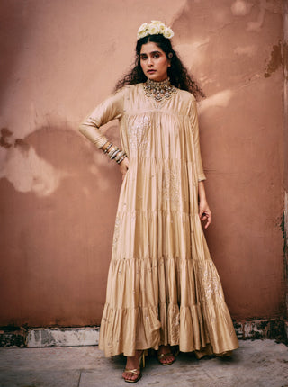 Beige Tiered Anarkali by Paulmi & Harsh available on Indiaspopup.com