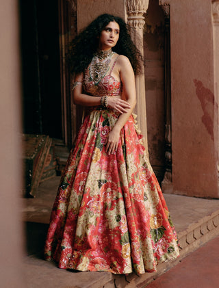 Red Map Floral Printed Lehenga Set by Paulmi & Harsh available on Indiaspopup.com