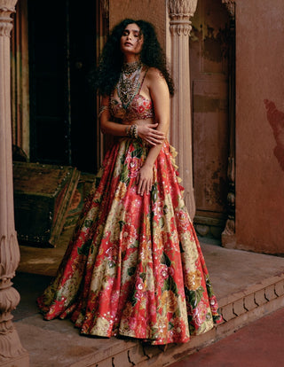 Red Map Floral Printed Lehenga Set by Paulmi & Harsh available on Indiaspopup.com