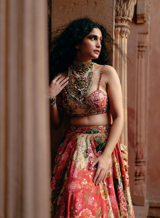 Red Map Floral Printed Lehenga Set by Paulmi & Harsh available on Indiaspopup.com