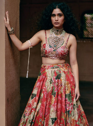 Red Map Floral Printed Lehenga Set by Paulmi & Harsh available on Indiaspopup.com