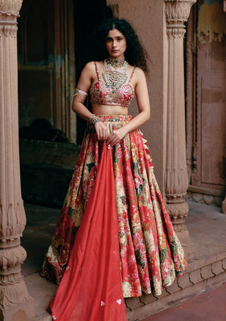 Red Map Floral Printed Lehenga Set by Paulmi & Harsh available on Indiaspopup.com