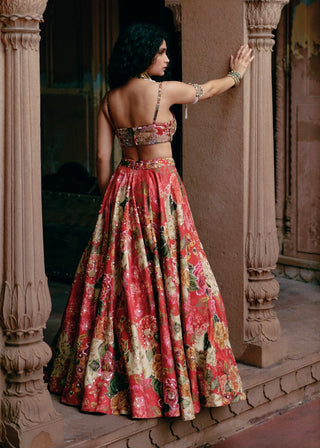 Red Map Floral Printed Lehenga Set by Paulmi & Harsh available on Indiaspopup.com