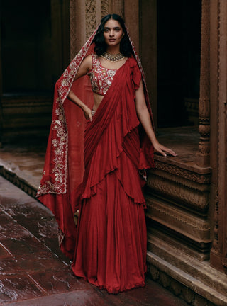 Crimson red chiffon ruffle sari set