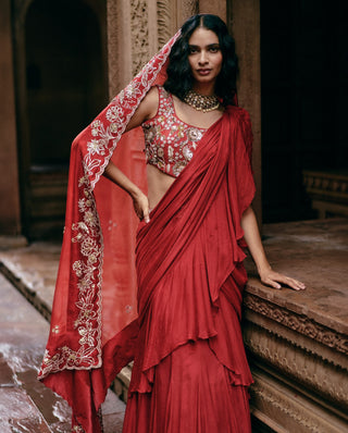 Crimson red chiffon ruffle sari set