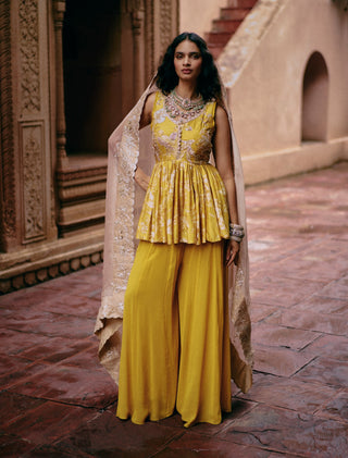 Tuscany Yellow Printed Peplum And Palazzo by Paulmi & Harsh available on Indiaspopup.com