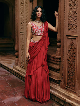 Crimson red chiffon ruffle sari set