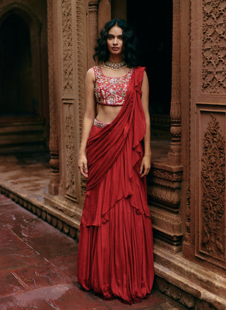 Crimson red chiffon ruffle sari set