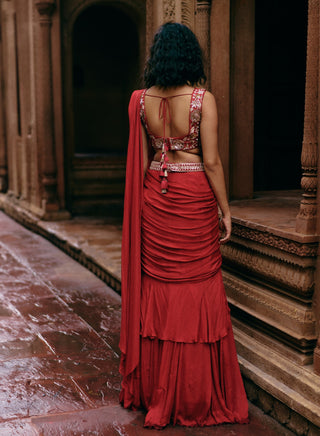 Crimson red chiffon ruffle sari set