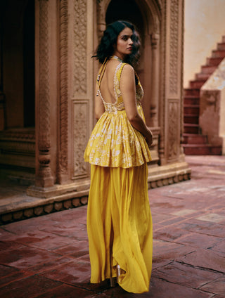 Tuscany Yellow Printed Peplum And Palazzo by Paulmi & Harsh available on Indiaspopup.com