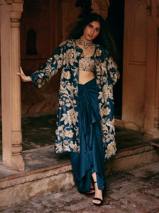 Blue jacket embroidered and draped skirt set