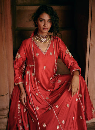 Red Embroidered Anarkali And Pants by Paulmi & Harsh available on Indiaspopup.com