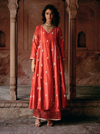 Red Embroidered Anarkali And Pants by Paulmi & Harsh available on Indiaspopup.com