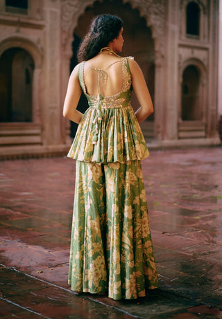 Green Bird Printed Peplum And Palazzo by Paulmi & Harsh available on Indiaspopup.com