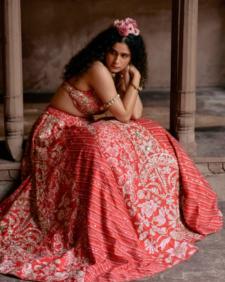 Red Multi-Tone Lehenga Set by Paulmi & Harsh available on Indiaspopup.com