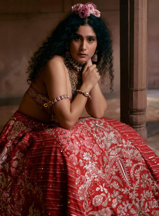 Red Multi-Tone Lehenga Set by Paulmi & Harsh available on Indiaspopup.com