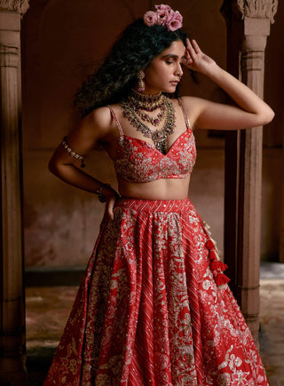 Red Multi-Tone Lehenga Set by Paulmi & Harsh available on Indiaspopup.com