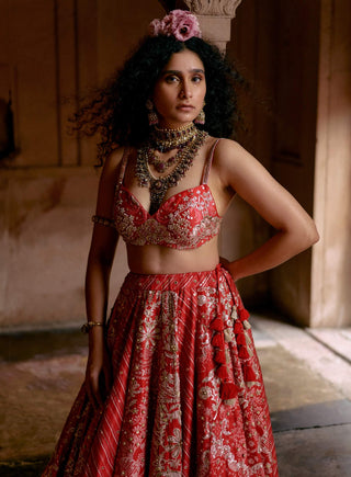 Red Multi-Tone Lehenga Set by Paulmi & Harsh available on Indiaspopup.com