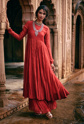 Crimson Red Anarkali And Skirt Set by Paulmi & Harsh available on Indiaspopup.com