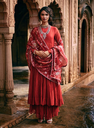 Crimson Red Anarkali And Skirt Set by Paulmi & Harsh available on Indiaspopup.com