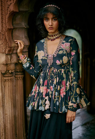 Black Floral Printed Peplum And Solid Palazzo by Paulmi & Harsh available on Indiaspopup.com