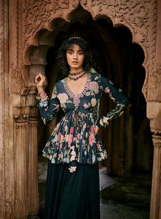 Black Floral Printed Peplum And Solid Palazzo by Paulmi & Harsh available on Indiaspopup.com