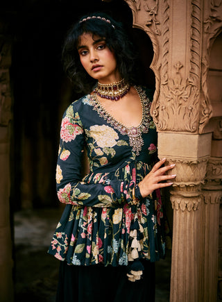 Black Floral Printed Peplum And Solid Palazzo by Paulmi & Harsh available on Indiaspopup.com