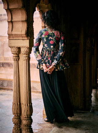 Black Floral Printed Peplum And Solid Palazzo by Paulmi & Harsh available on Indiaspopup.com