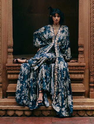 Blue Floral Jaal Print Kaftan And Pants by Paulmi & Harsh available on Indiaspopup.com