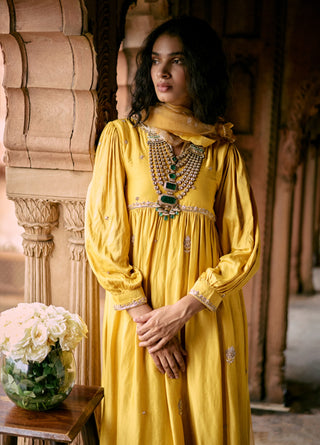 Tuscany Yellow Embroidered Anarkali Set by Paulmi & Harsh available on Indiaspopup.com