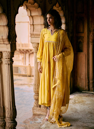 Tuscany Yellow Embroidered Anarkali Set by Paulmi & Harsh available on Indiaspopup.com