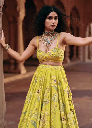 Lime Yellow Chintz Printed Lehenga Set by Paulmi & Harsh available on Indiaspopup.com