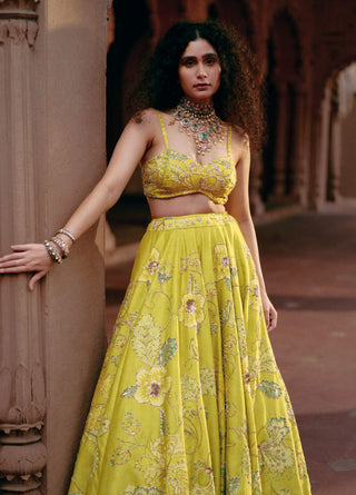 Lime Yellow Chintz Printed Lehenga Set by Paulmi & Harsh available on Indiaspopup.com