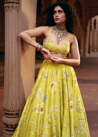 Lime Yellow Chintz Printed Lehenga Set by Paulmi & Harsh available on Indiaspopup.com