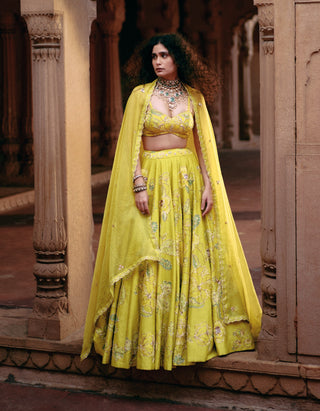 Lime Yellow Chintz Printed Lehenga Set by Paulmi & Harsh available on Indiaspopup.com