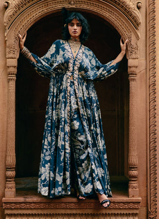 Blue floral jaal print kaftan and pants