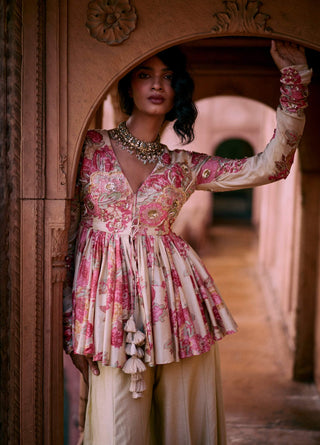 Ivory Floral Peplum And Palazzo by Paulmi & Harsh available on Indiaspopup.com