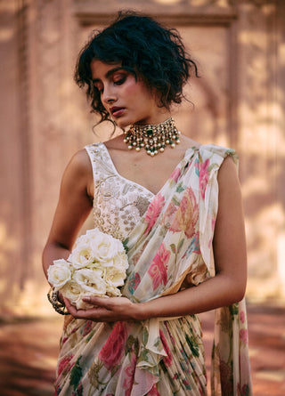 Ivory motifs pre-draped sari set