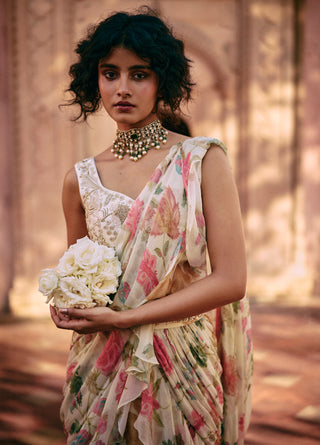 Ivory motifs pre-draped sari set