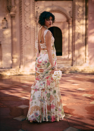 Ivory motifs pre-draped sari set