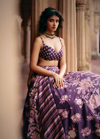 Plum Multi Print Floral Lehenga Set by Paulmi & Harsh available on Indiaspopup.com