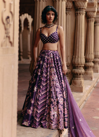 Plum Multi Print Floral Lehenga Set by Paulmi & Harsh available on Indiaspopup.com