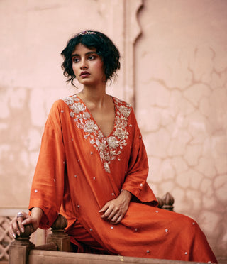 Burnt Orange Kaftan Style Kurta Set by Paulmi & Harsh available on Indiaspopup.com