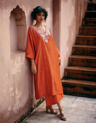 Burnt Orange Kaftan Style Kurta Set by Paulmi & Harsh available on Indiaspopup.com