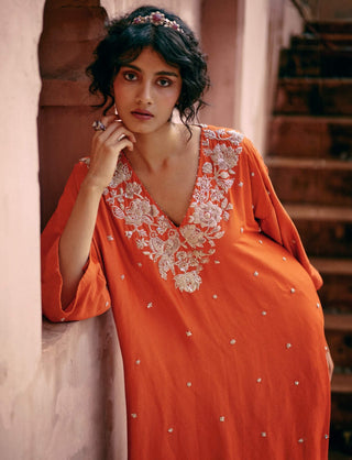 Burnt Orange Kaftan Style Kurta Set by Paulmi & Harsh available on Indiaspopup.com