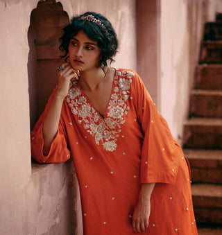 Burnt Orange Kaftan Style Kurta Set by Paulmi & Harsh available on Indiaspopup.com