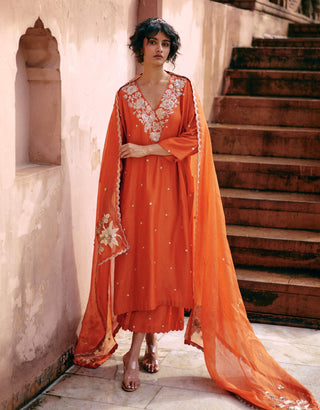 Burnt Orange Kaftan Style Kurta Set by Paulmi & Harsh available on Indiaspopup.com