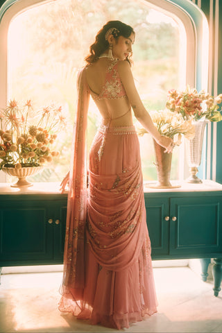 Reverie salmon pink sari set